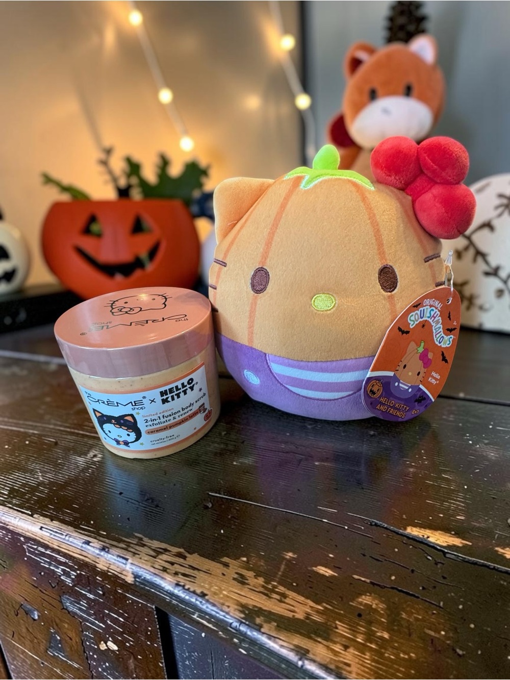 Hello Kitty Pumpkin Squishmallows Plush + Crème Shop Body Scrub Bundle NWT